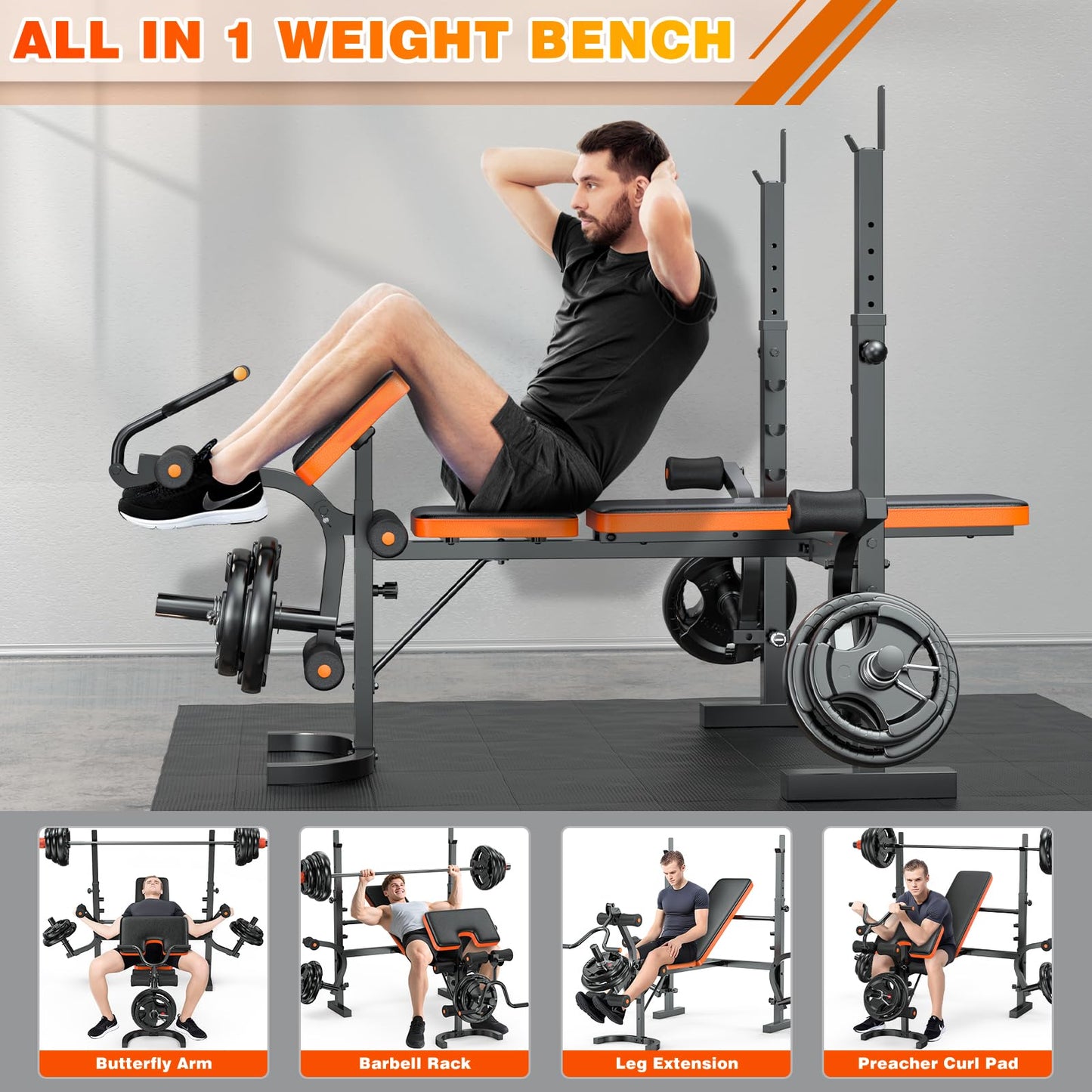 XDDIAS 6-in-1 Olympic Weight Bench, 770LBS Adjustable Workout Bench Press Set with Rack, Leg Extension, and Preacher Pad – Flat/Incline Bench for Home Gym Strength Training
