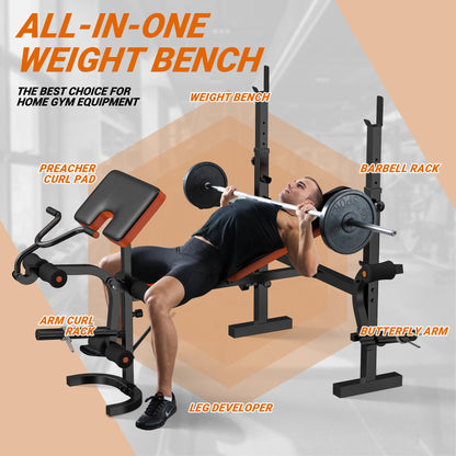 XDDIAS 6-in-1 Olympic Weight Bench Set, 770LBS Adjustable Workout Bench with Rack, Leg Extension & Preacher Pad – Flat/Incline Bench Press for Home Gym Strength Training