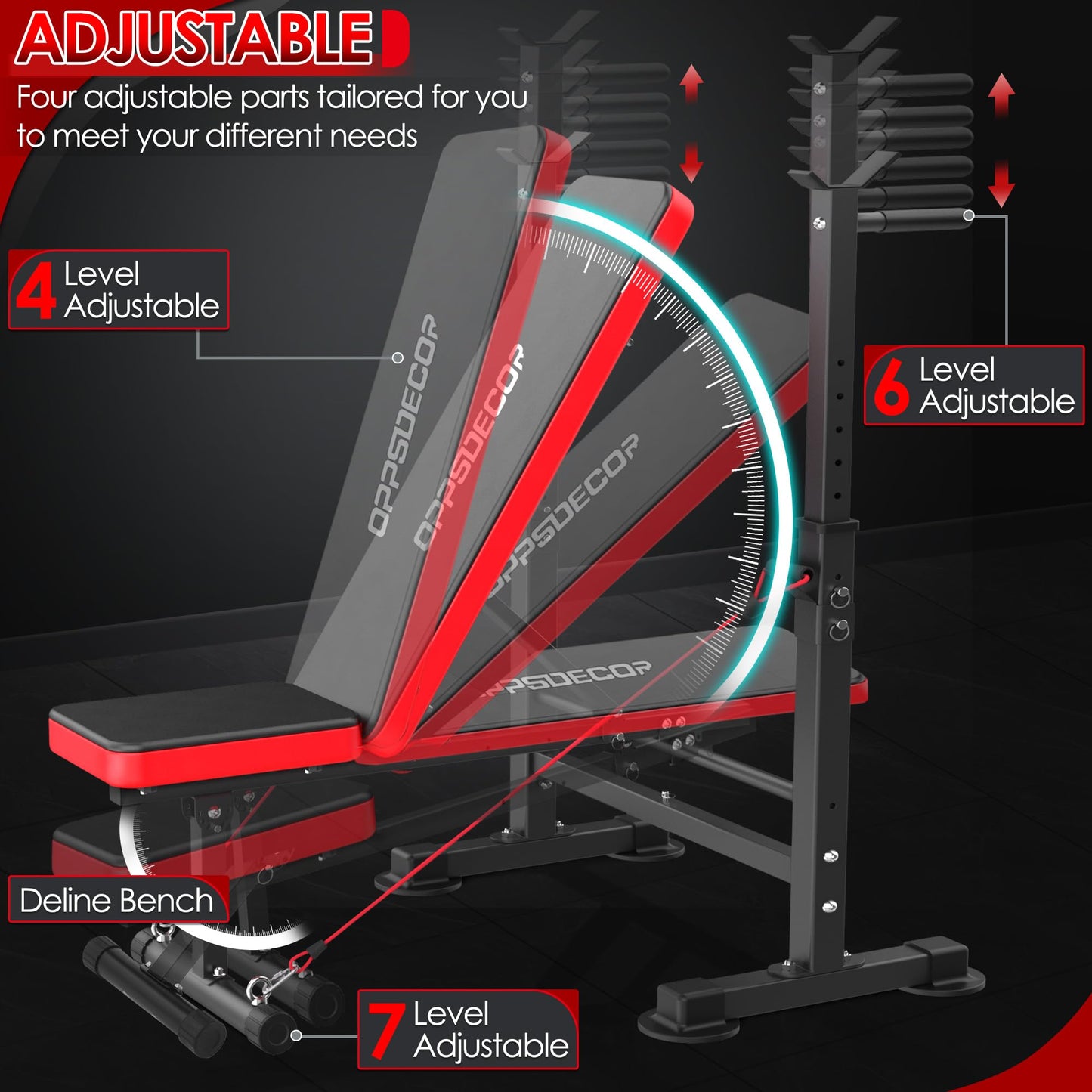 OPPSDECOR 6-in-1 Adjustable Weight Bench Set with Squat Rack – Leg Developer and Preacher Curl Rack for Home Gym Strength Training, Supports 660 lbs