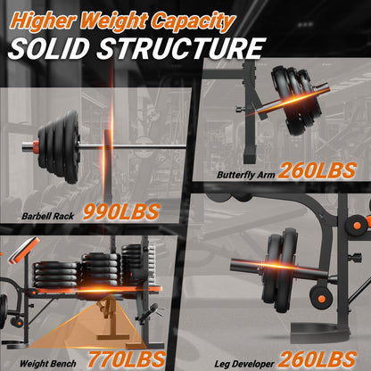 XDDIAS 6-in-1 Olympic Weight Bench, 770LBS Adjustable Bench Press Set with Rack, Leg Extension & Preacher Pad – Flat/Incline Workout Bench for Home Gym Strength Training