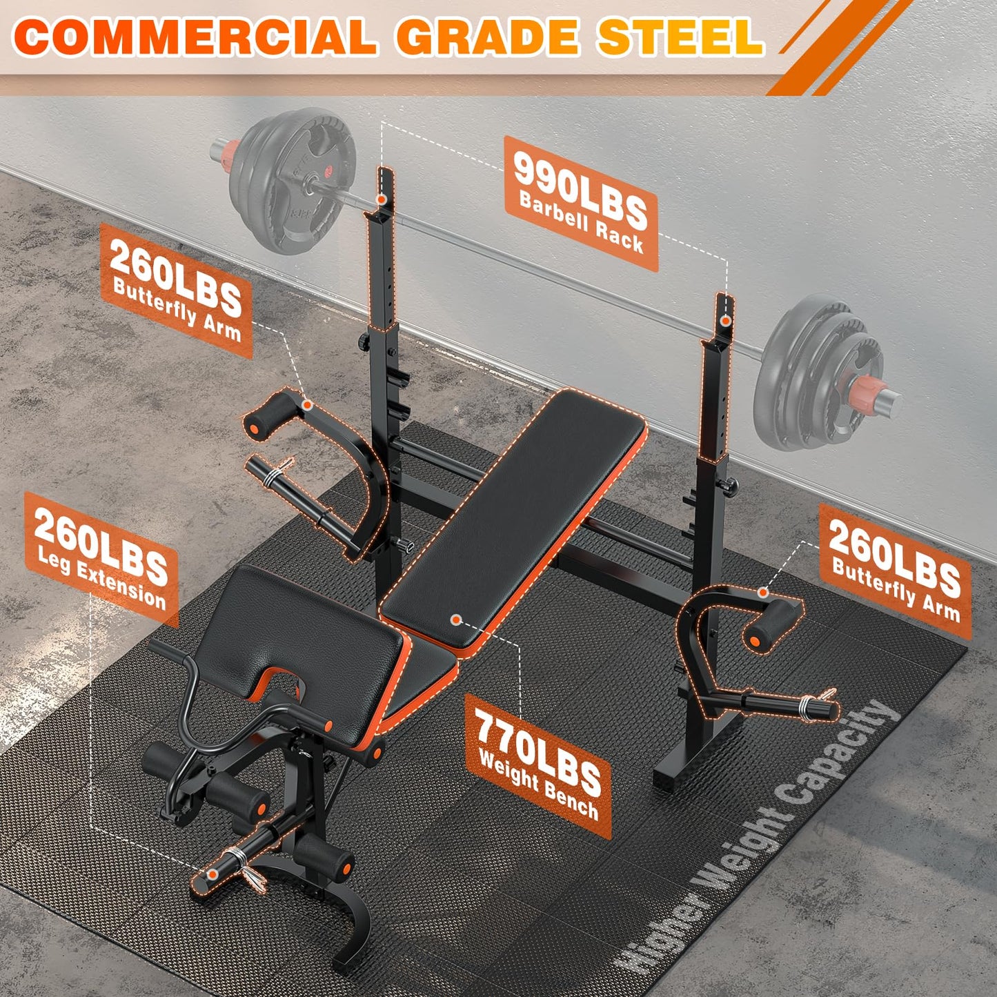 XDDIAS 6-in-1 Olympic Weight Bench, 770LBS Adjustable Workout Bench Press Set with Rack, Leg Extension, and Preacher Pad – Flat/Incline Bench for Home Gym Strength Training