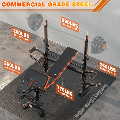 XDDIAS 6-in-1 Olympic Weight Bench, 770LBS Adjustable Workout Bench Press Set with Rack, Leg Extension, and Preacher Pad – Flat/Incline Bench for Home Gym Strength Training