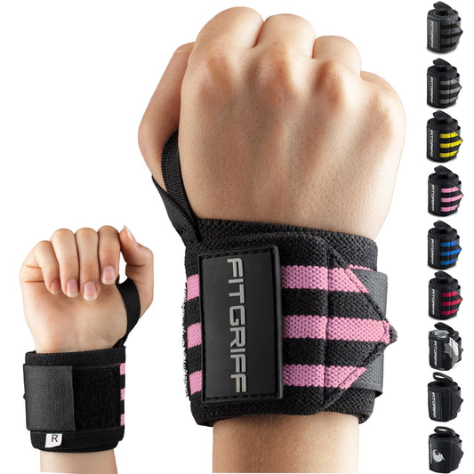 18" Wrist Wraps for Weightlifting, Heavy-Duty Support for Gym, Bench Press, and Pushups, Pair for Men and Women, Black/Pink