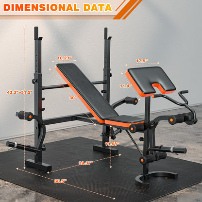 XDDIAS 6-in-1 Olympic Weight Bench, 770LBS Adjustable Workout Bench Press Set with Rack, Leg Extension, and Preacher Pad – Flat/Incline Bench for Home Gym Strength Training