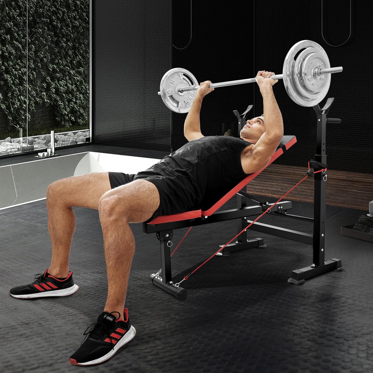 OPPSDECOR 6-in-1 Adjustable Weight Bench Set with Squat Rack – Leg Developer and Preacher Curl Rack for Home Gym Strength Training, Supports 660 lbs